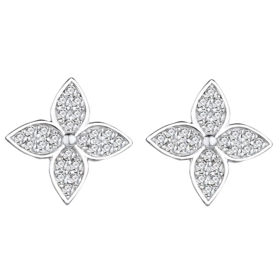 Van Cleef & Arpels Silver Flower Stud Earrings with Diamonds